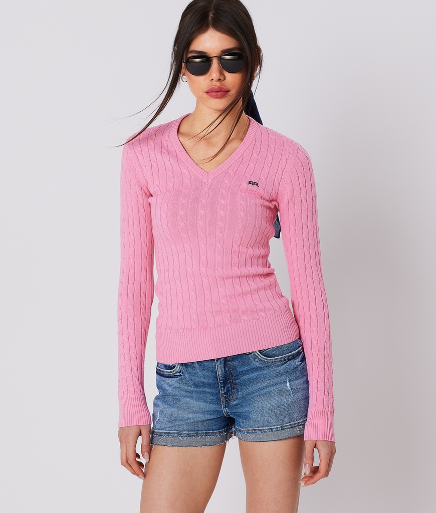 Rr Cable W V Sweater, Pink