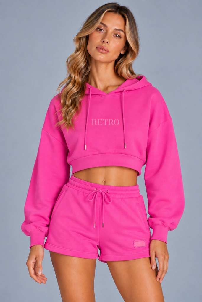 Blaire Cropped Hoodie Jogging Top, Neon Fuxia