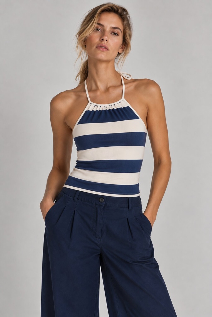 Siren Halter Top, Dark Blue Striped