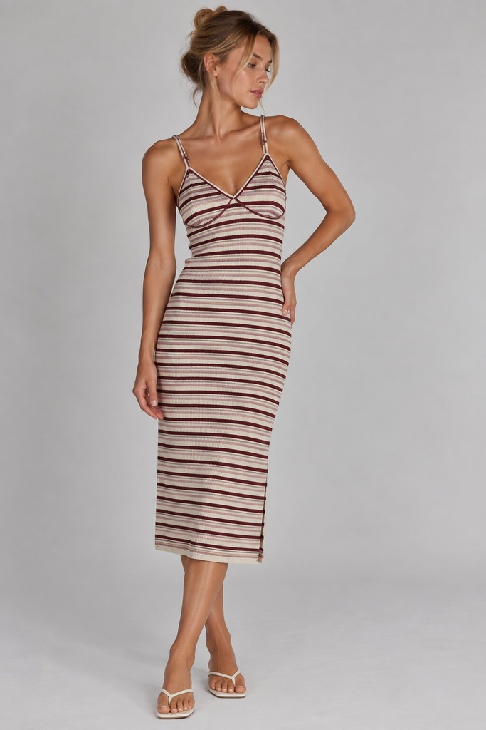 Dalia Midi Knitted Dress, Bordeaux Stripe